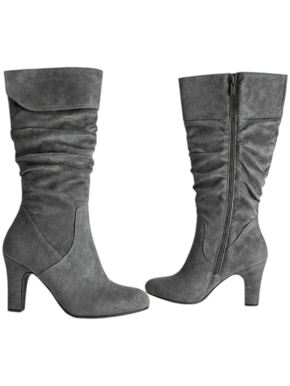 Gray Slouch Knee-High Soft Faux Suede Boots with Asymmetric Fold-Over Shaft 9